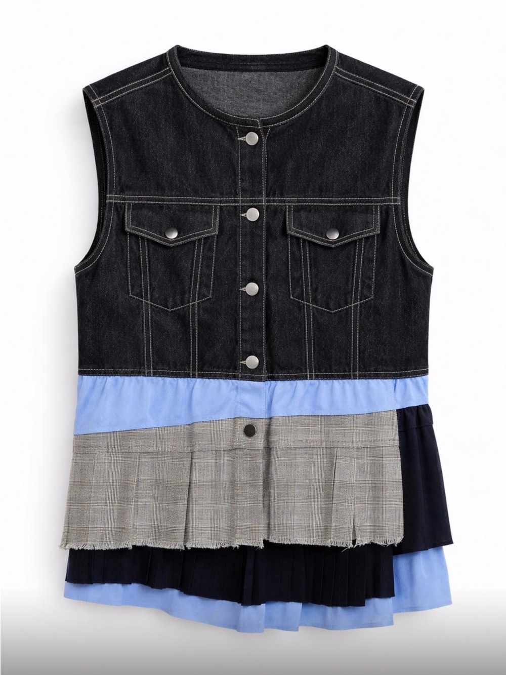 Women’s Black Denim Patchwork Vest with Blue & Gray Panels